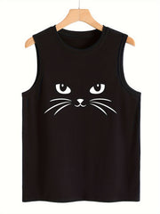 Cat Print Sleeveless Sports Vest Stretchy Casual Tops Women's Activewear
