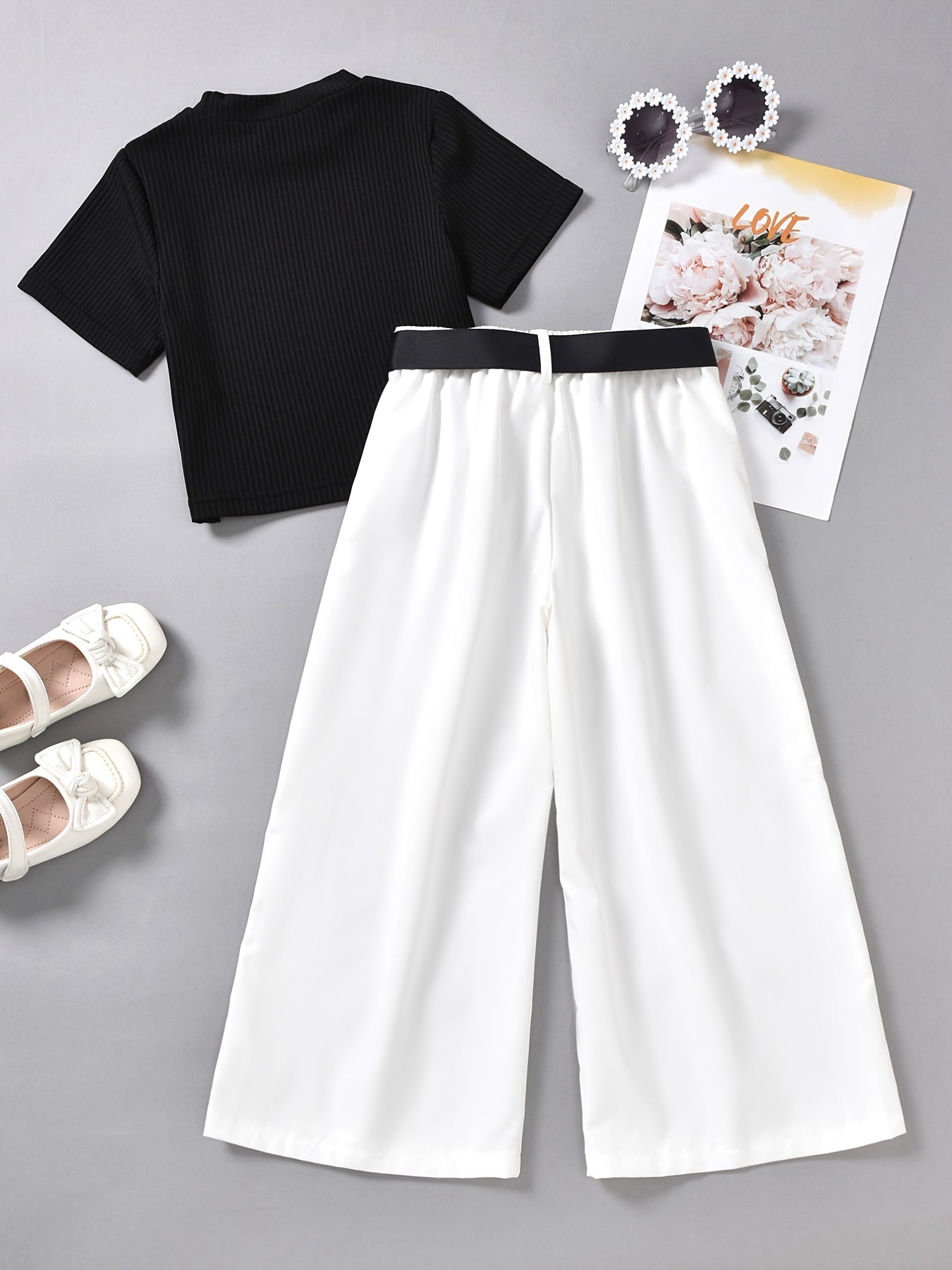Girls Cotton Ribbed Short Sleeve Top Wide Leg Pants Summer