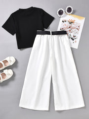 Girls Cotton Ribbed Short Sleeve Top Wide Leg Pants Summer