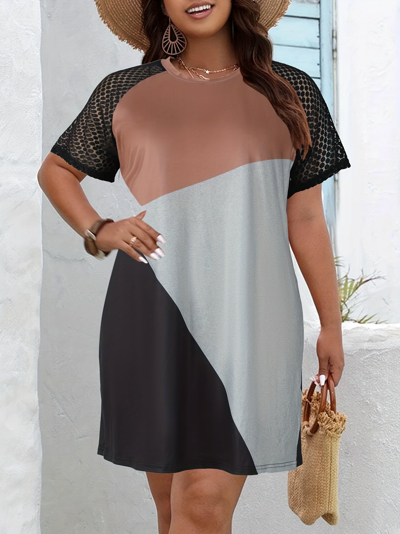 Colorblock Lace Sleeve Round Neck Dress