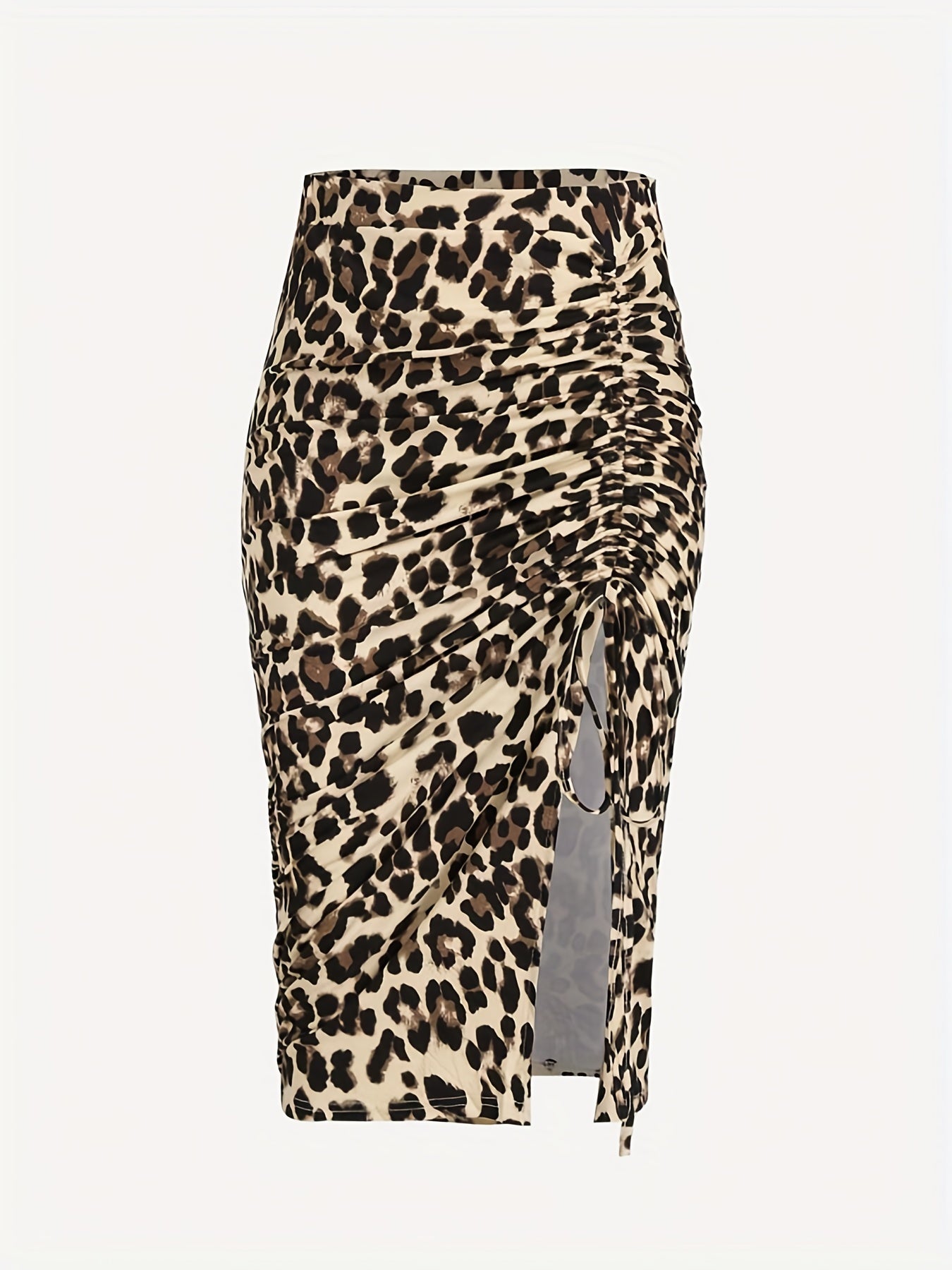 Leopard Print Drawstring Ruched Skirt Bodycon Split Skirt