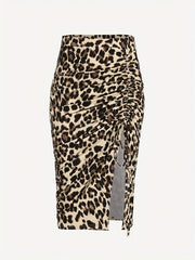 Leopard Print Drawstring Ruched Skirt Bodycon Split Skirt