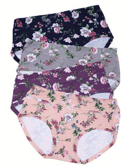 4 Pack Plus Size Panties Set Women's Plus Floral Print High Stretch Briefs