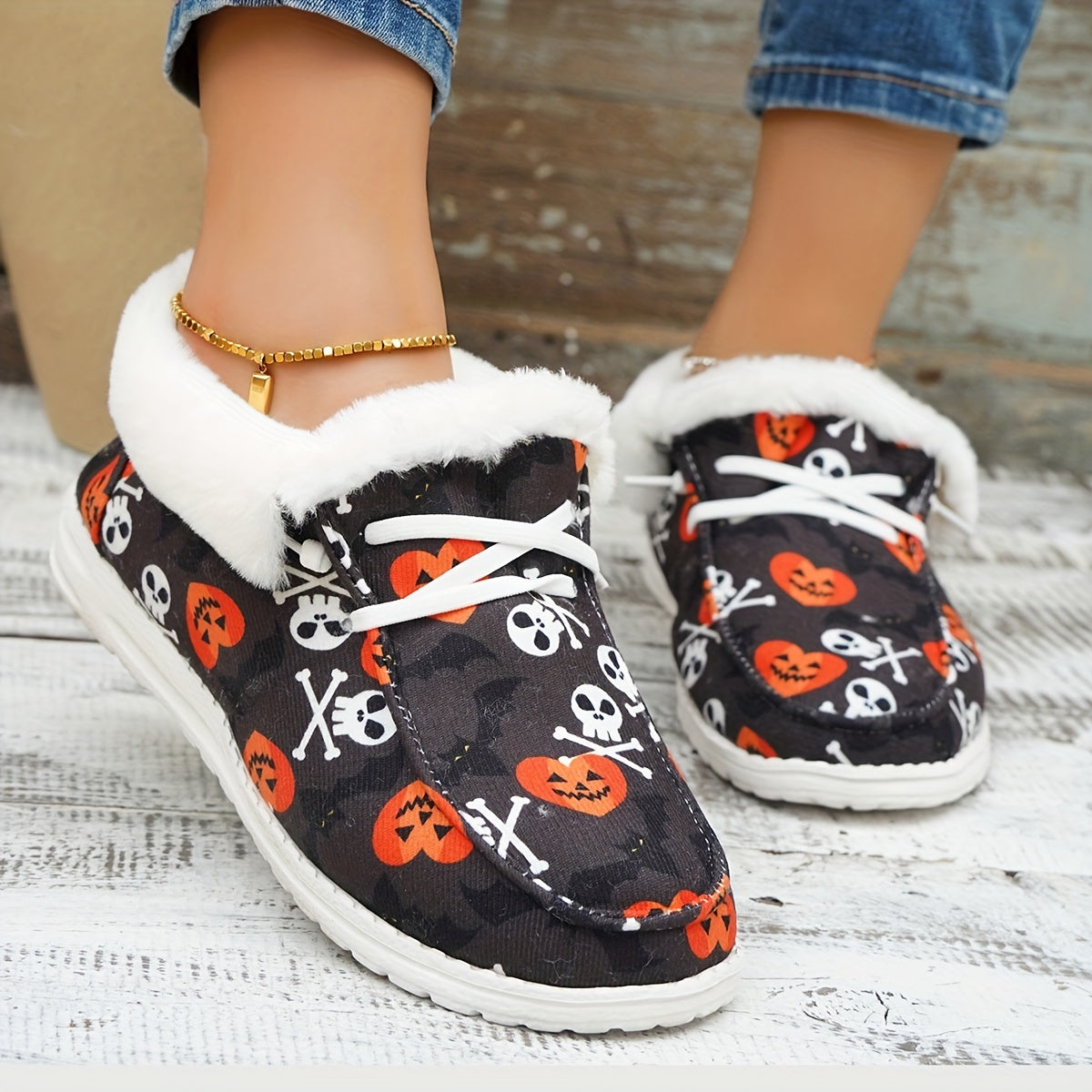 Women's Halloween Pumpkin & Skull Printed Plush Sneakers