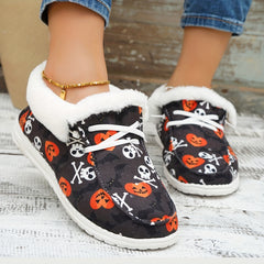 Women's Halloween Pumpkin & Skull Printed Plush Sneakers