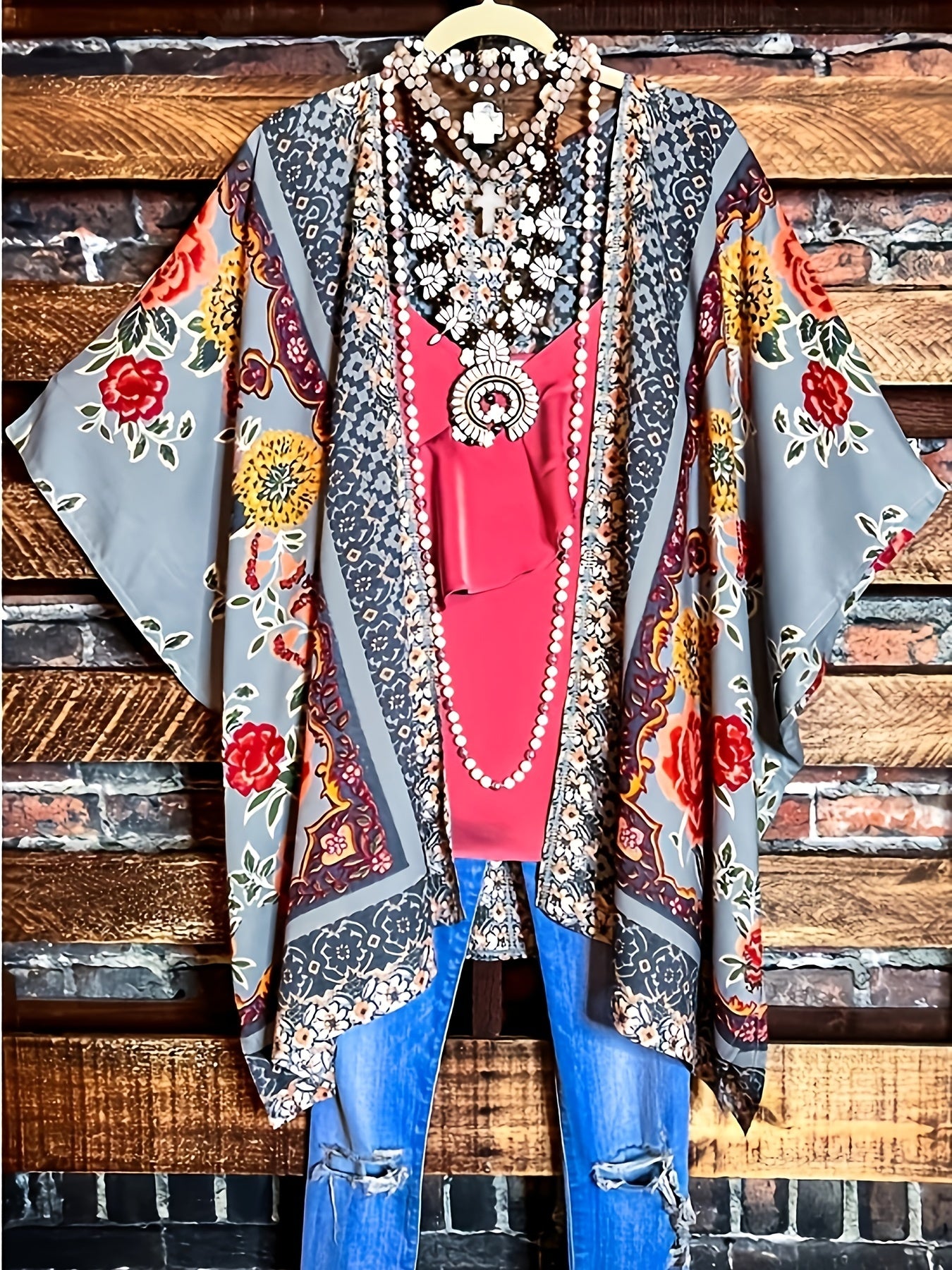 Casual Kimono Women's Plus Floral Print Open Front Beach Cover Up
