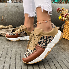 Leopard Print Colorblock Sneakers Lace Up Round Toe Low Top Shoes