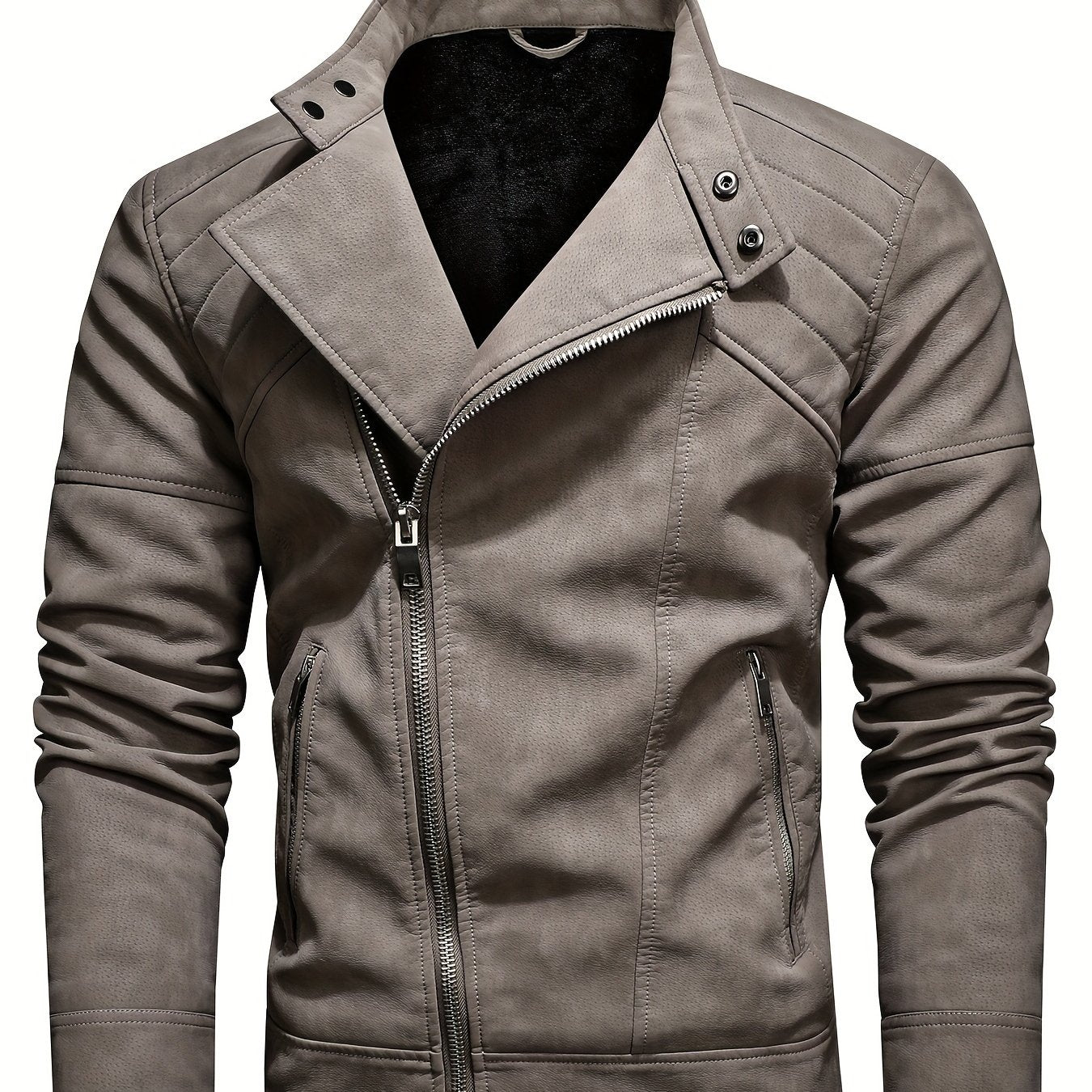 Men's PU Leather Fleece Winter Jacket with Diagonal Zipper
