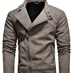 Men's PU Leather Fleece Winter Jacket with Diagonal Zipper