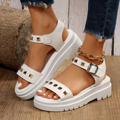 Women's Studded Open Toe Platform Sandals with Ankle Strap Buckle