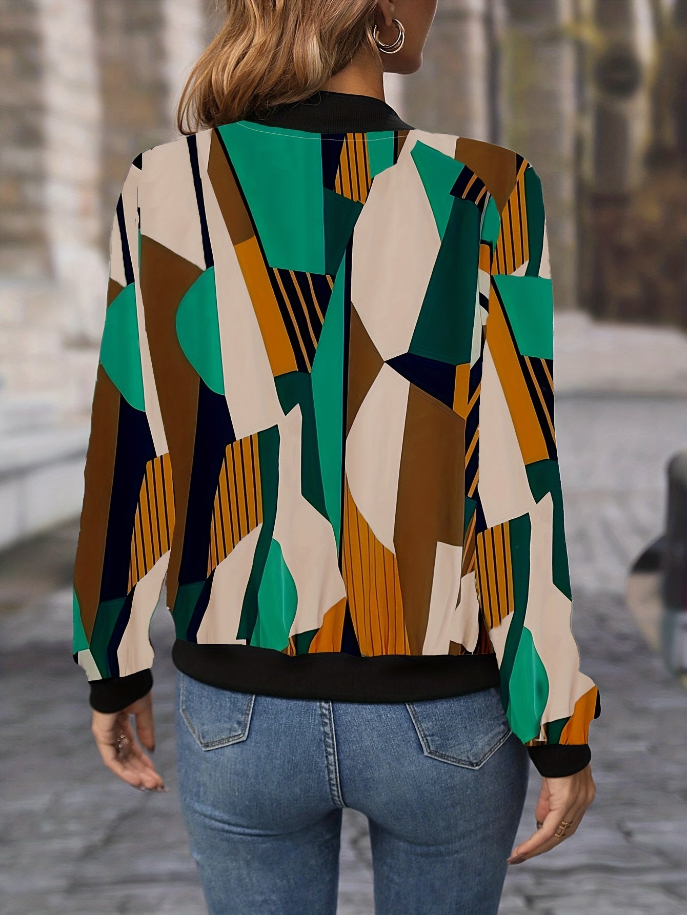 Geo Print Zip Up Jacket for Women