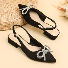 Rhinestone Bow Low Heel Slingback Sandals