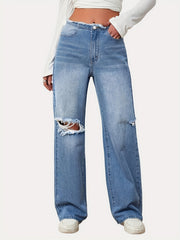 Raw Trim Distressed Denim Straight Leg Pants Women's Jeans