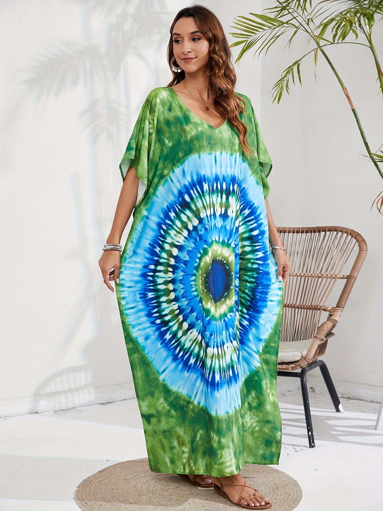 Spiral Tie Dye V Neck Maxi Cover Up