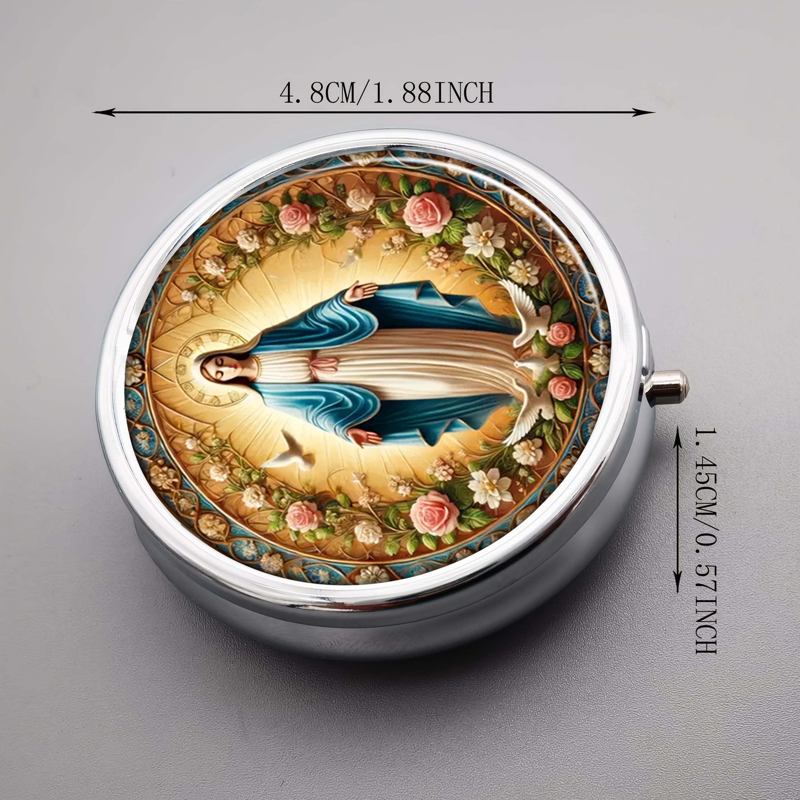 Virgin Mary Metal Pill Box 3 Compartment Portable Organizer