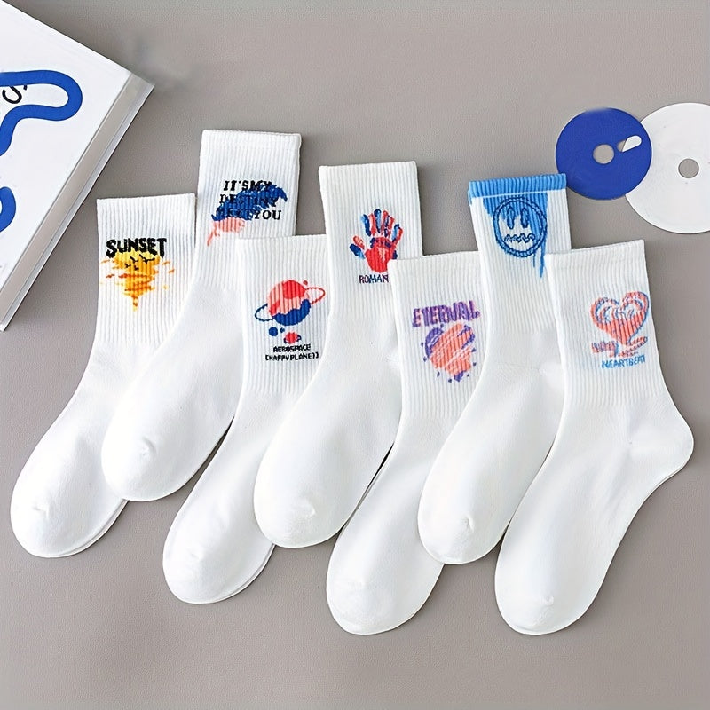 7 Pairs Cartoon Graffiti & Funny Mid Tube Socks Women's Stockings