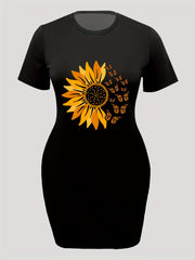 Casual Dress Women's Plus Sunflower & Butterfly Print Short Sleeve