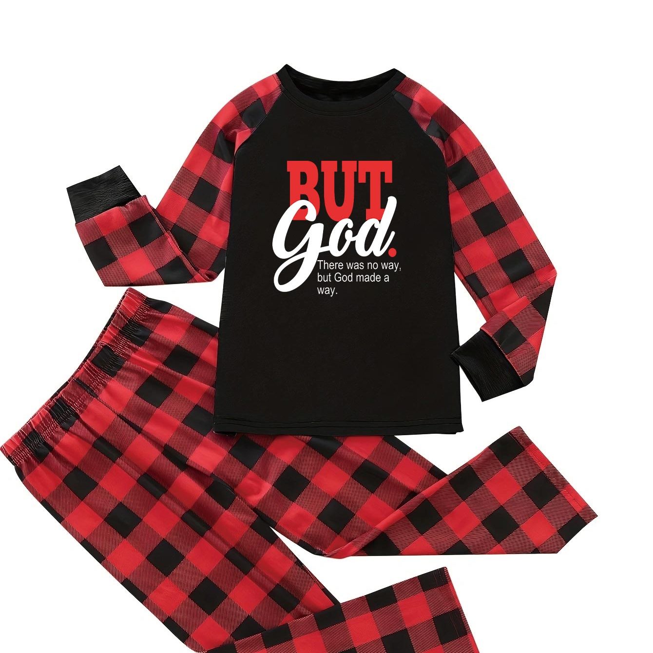 Letter & Plaid Print Tee & Pants Lounge Set