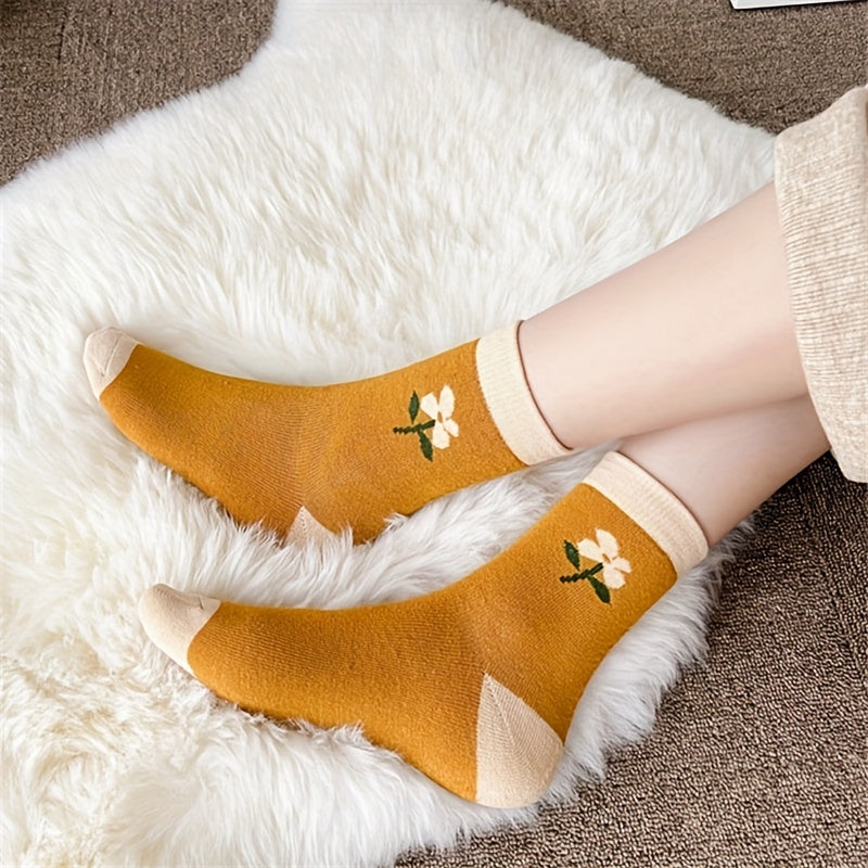 5 Pairs Floral Heart Print Mid Tube Socks Women's Stockings Breathable Stockings