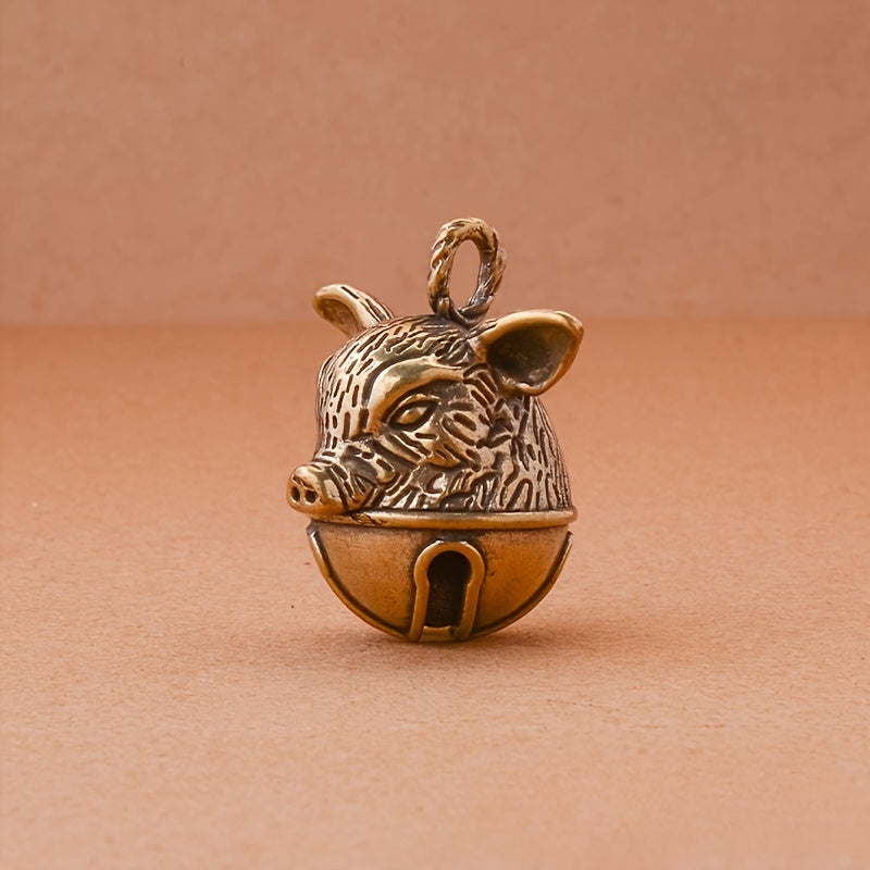 Brass Pig's Head Bell Keychain Lucky Zodiac Animal Pendant Gift