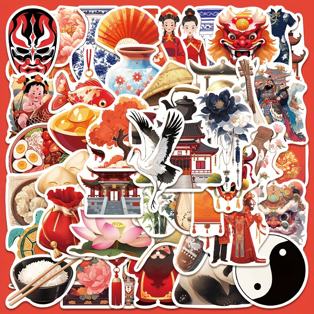 50pcs Waterproof Vinyl Stickers, Chinese Style, Perfect for Adults