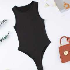Solid Sleeveless Bodysuit Casual Crew Neck Summer Bodysuit Women's Clothing