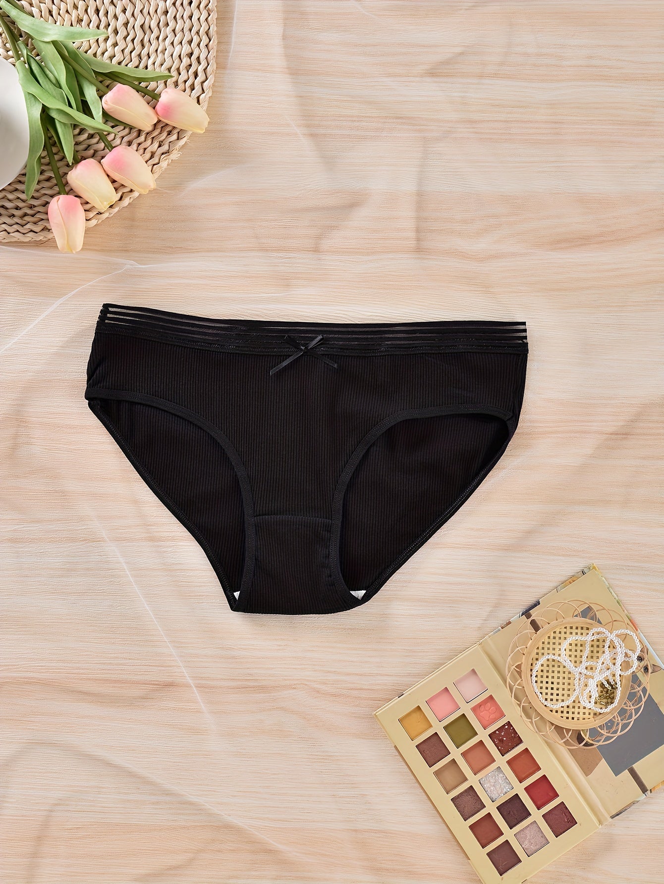 2 Pack Plus Size Panties Set Women's Plus Ribbed Striped Mid Rise Mini Bow