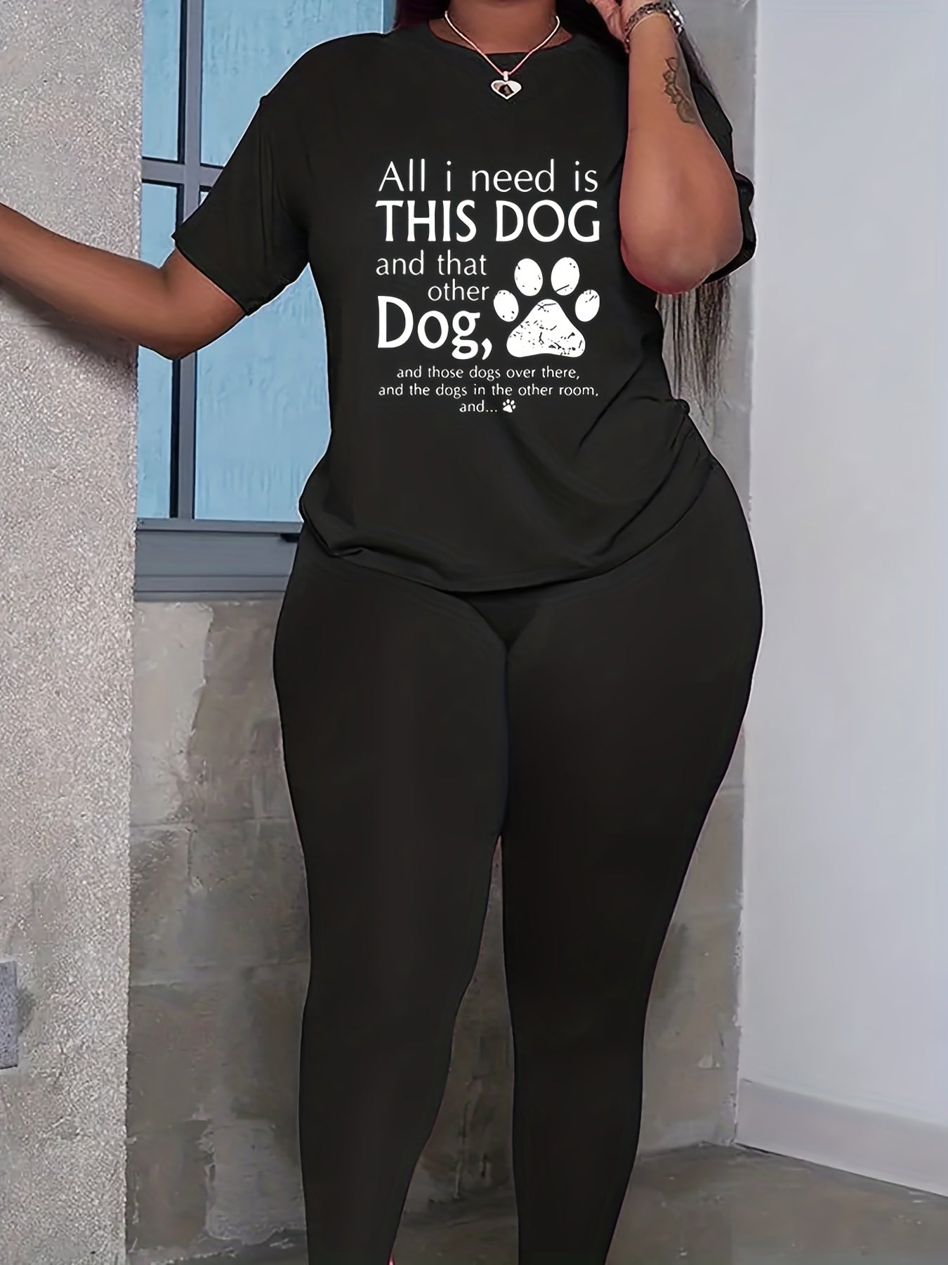 Paw & Slogan Print Tee & Leggings 2 Piece Set