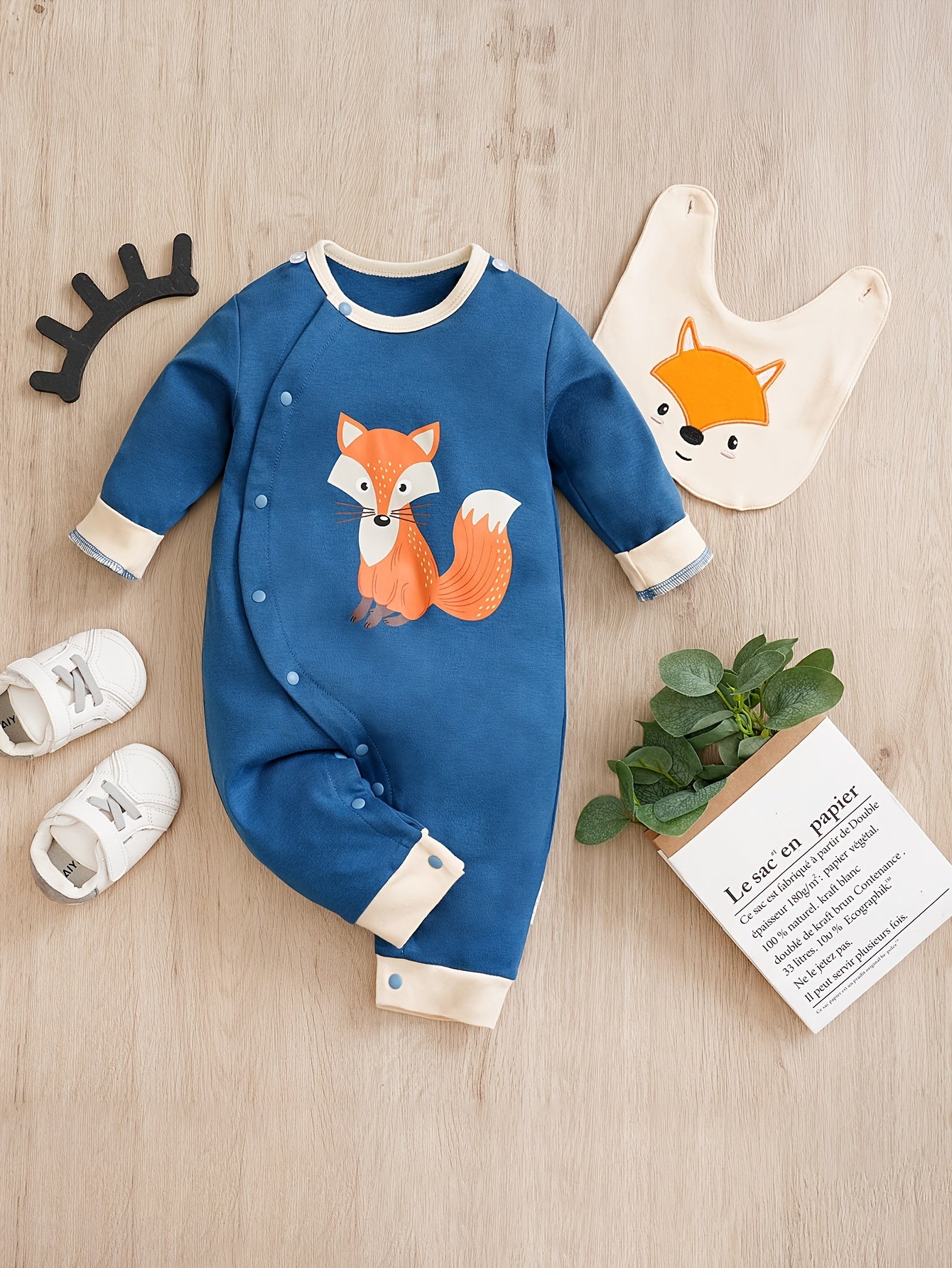 Fox Pattern Cotton Baby Jumpsuit with Bib