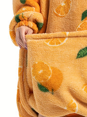 Women's Plus Size Orange Pattern Flannel Hoodie Nightgown