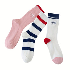3 Pairs Striped Socks, Smiling Print, Comfy & Breathable, Mid Tube Stockings