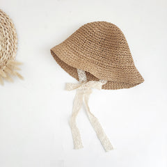Girls Braided Straw Hat With Lace Straps Sun Protection