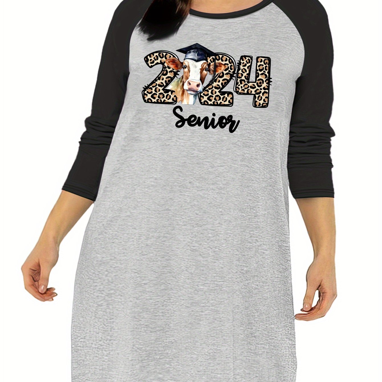 Nightdress Cow & Leopard Print Raglan Sleeve Sleep Dress