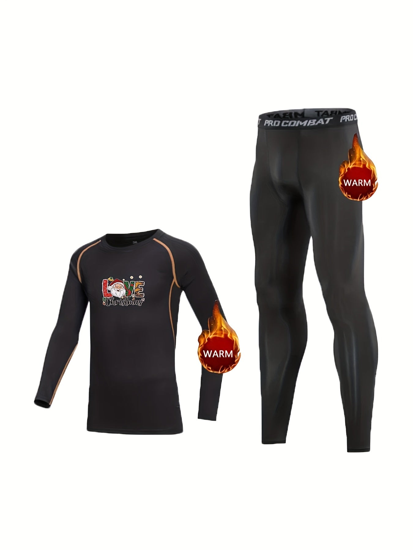 2pcs Kids Fleece Lined Compression Base Set Christmas Santa Love Print