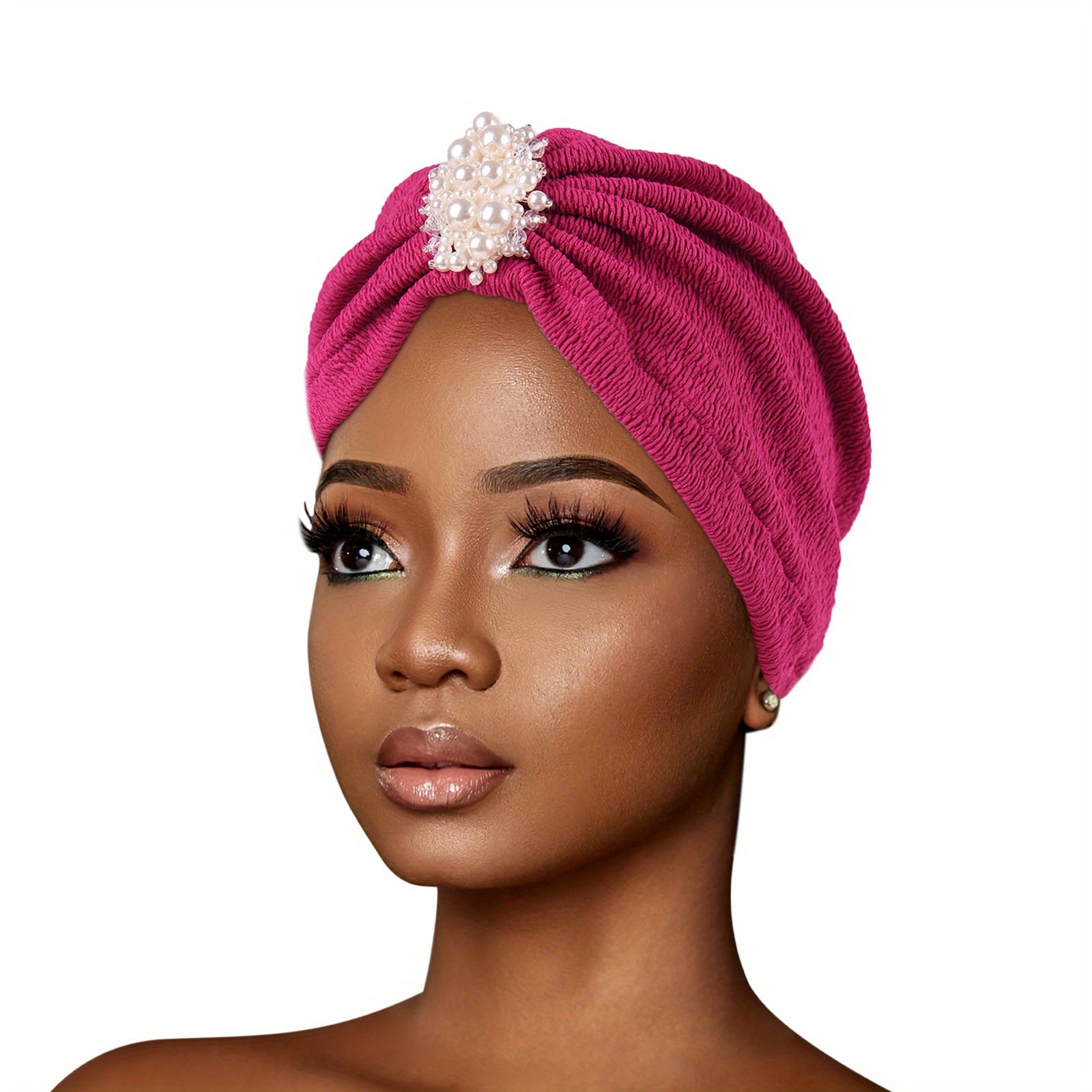 Faux Pearl Decor Turban Cap Embossed Elastic Head Wrap Solid Pleated Beanie