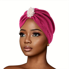 Faux Pearl Decor Turban Cap Embossed Elastic Head Wrap Solid Pleated Beanie