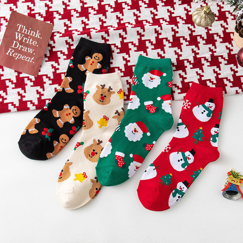 4 Pairs Women's Christmas Pattern Mid Tube Socks