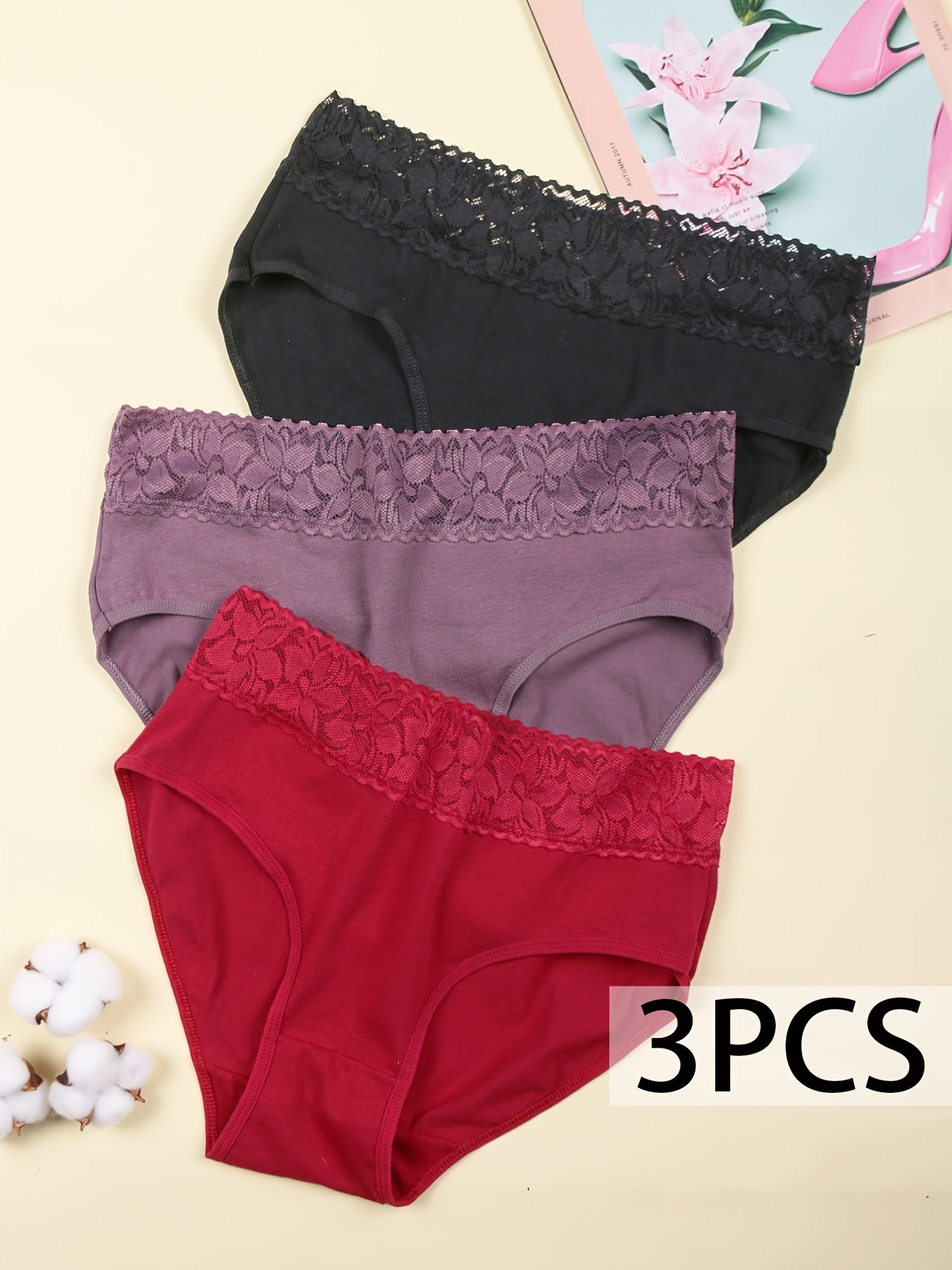 Lace Trim Bikini Briefs Mid Rise Cotton Panties