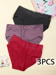 Lace Trim Bikini Briefs Mid Rise Cotton Panties