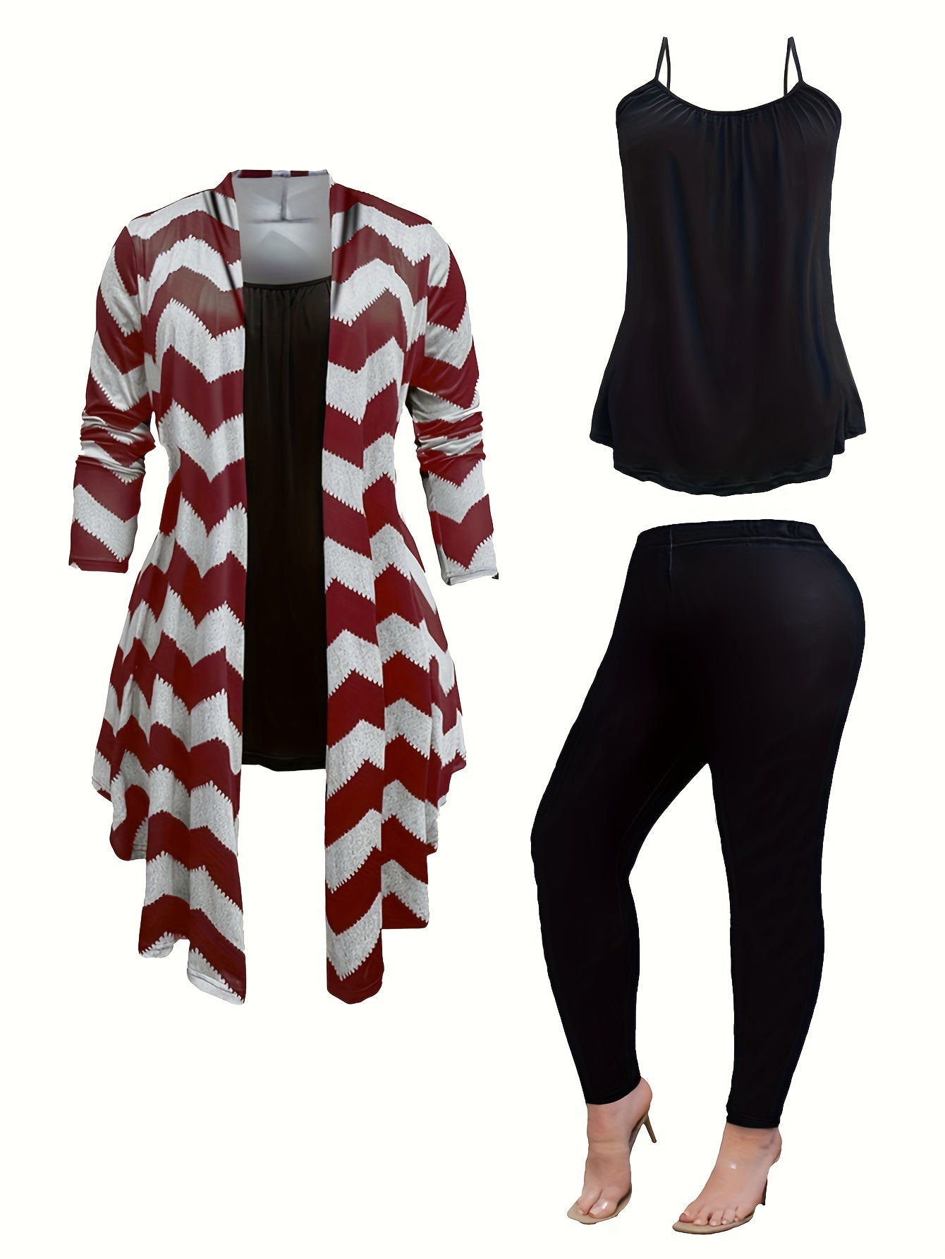 Women's Plus Wave Trim Long Sleeve Coat & Top & Leggings Set