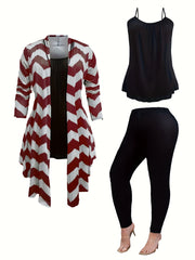 Women's Plus Wave Trim Long Sleeve Coat & Top & Leggings Set