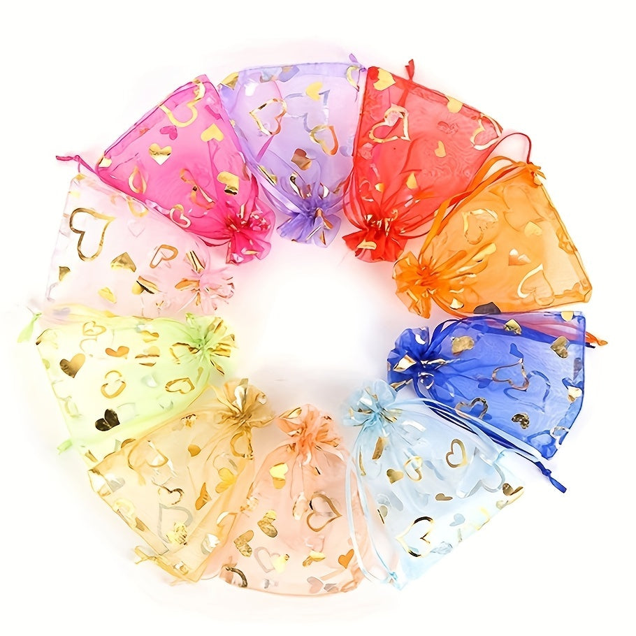100pcs Heart-Shaped Organza Drawstring Pouch for Gifts, Candy, Jewelry