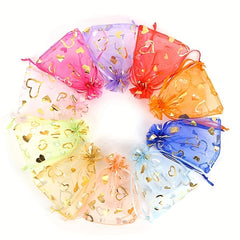 100pcs Heart-Shaped Organza Drawstring Pouch for Gifts, Candy, Jewelry