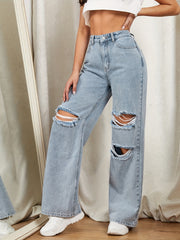 Distressed Loose Fit Wide Legs Casual Denim Pants