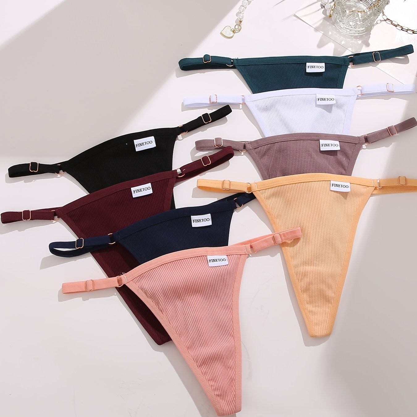 8 Pcs Women's Adjustable Ribbed Thong Panties Micro Cotton Lingerie