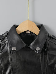 Kids Lapel PU Leather Jacket Zipper Coat Boys Girls Top