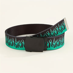 Men's Flame Pattern Auto Buckle Belt Casual Jeans Pants Waist Strap