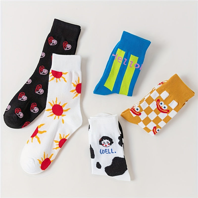 5 Pairs Cartoon Print Socks Funny & Mid Tube Socks Women's Stockings