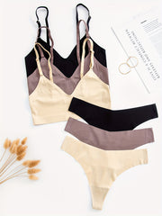 3 Sets Seamless Bra & Panties Solid Stretch Bralette & Thong Panties Set