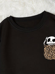 Leopard Skull Print Pullover Sweatshirt Casual Long Sleeve Crew Neck Sweatshirt